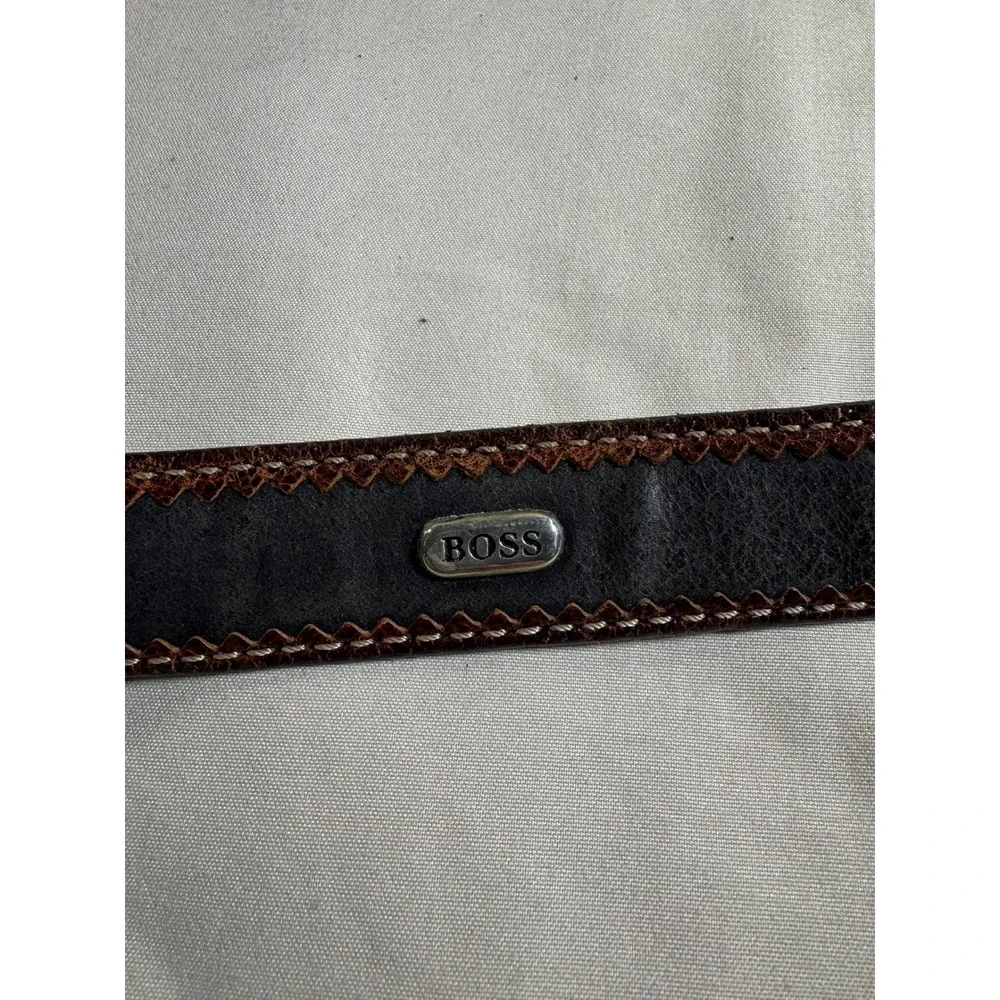 Hugo Boss Mens Leather Belt Size 90 Black Brown Contrast Stitch Logo Plaque